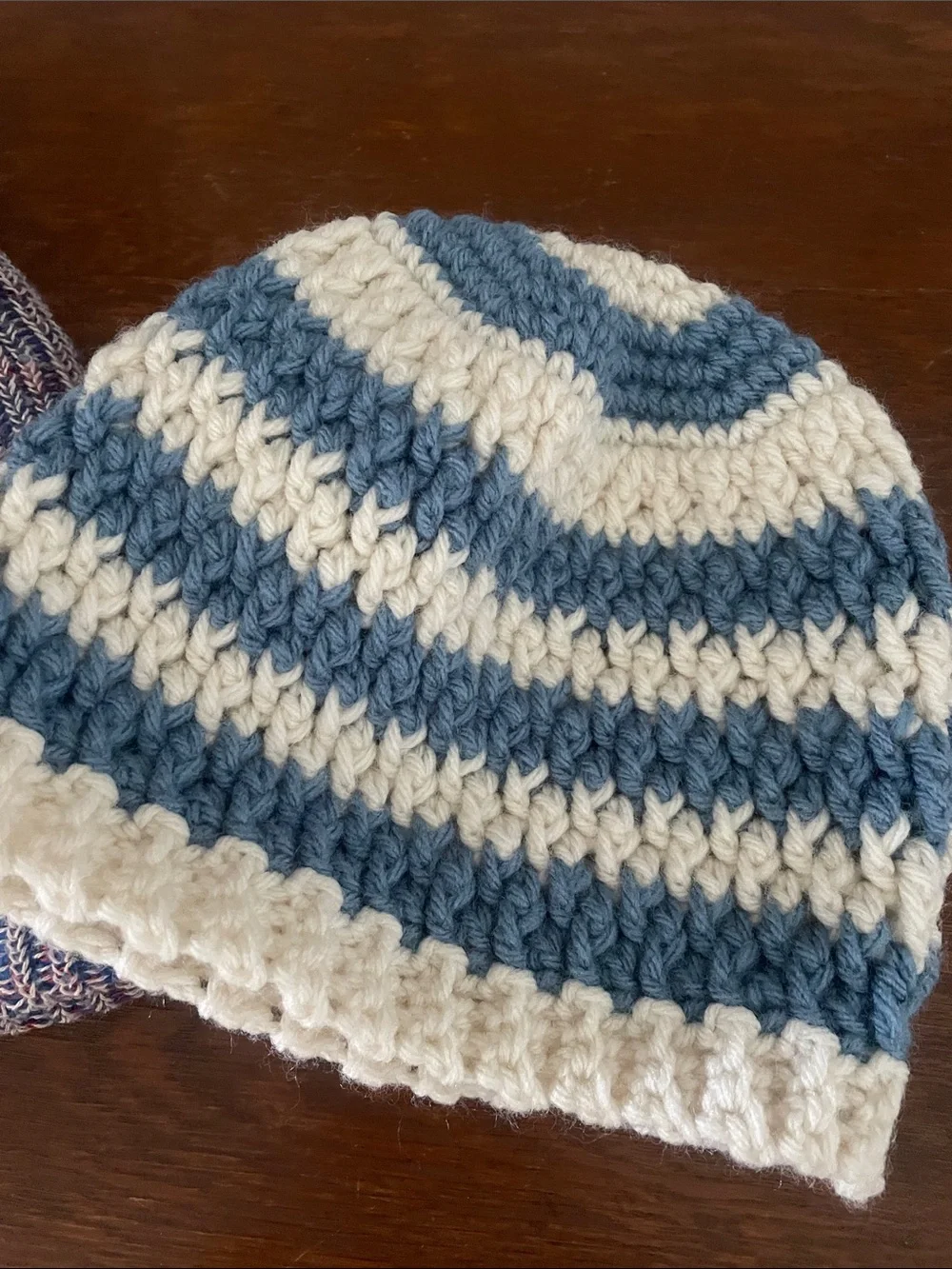 Kids Knit Pom Beanie and Striped Crochet Hat Set - Blue & White